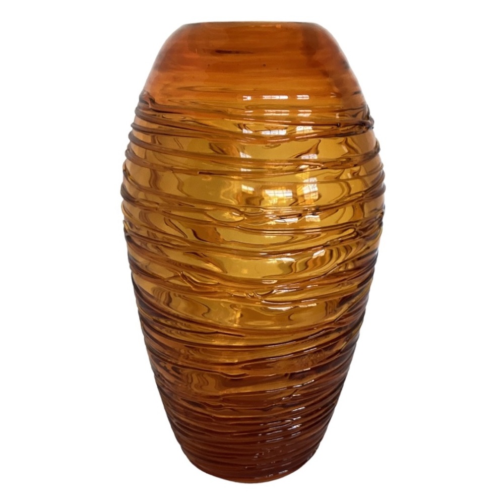 Eastern Beehive Art Glass Vase Honey Amber Hand Blown String Thread Overlay VTG